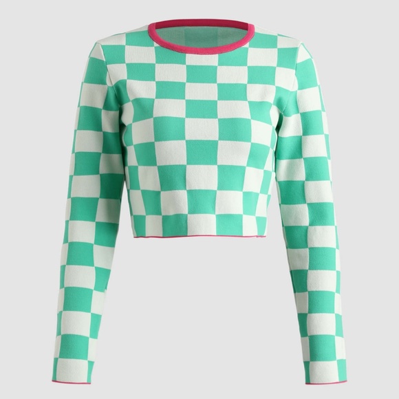 Checkered Aqua and Pink Long Sleeve - Picture 1 of 2